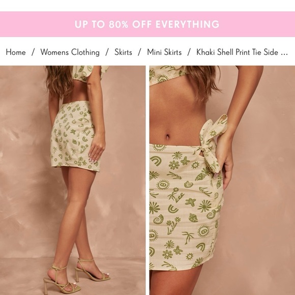 Khaki Shell Print Tie Side Mini Skirt and off the shoulder crap top - Picture 3 of 7